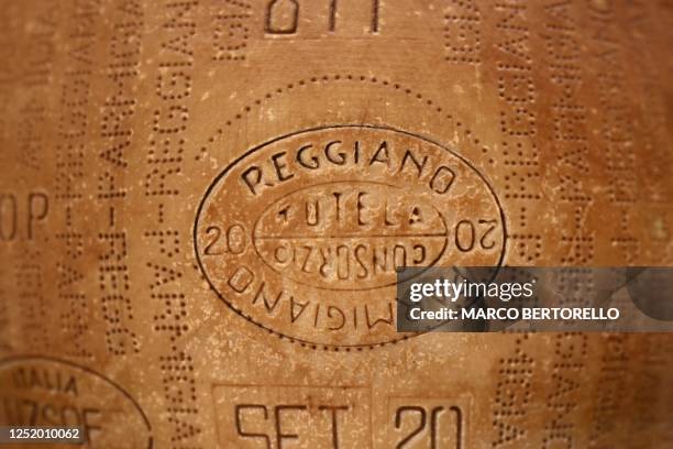 The logo of Parmigiano Reggiano is pictured on a wheel of cheese at the Casearia Castelli, member of Lactalis Group, at the Caseificio Tricolore in...