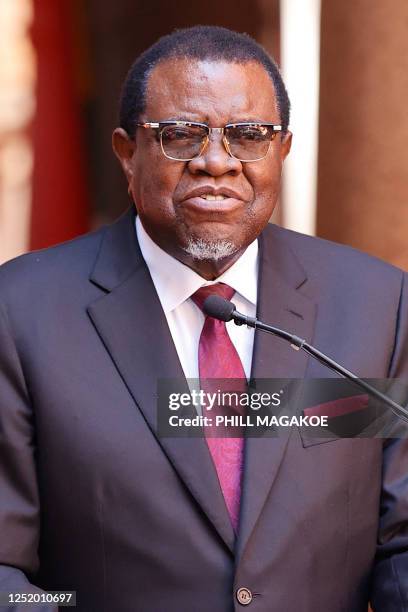 Namibian President Hage Geingob is seen during a joint press conference with South African President Cyril Ramaphosa during his state visit to South...