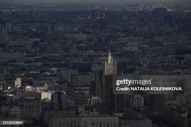 Cityscape view is seen from the 327-meter-high PANORAMA360 observation deck in the Federation Tower East skyscraper of the Moscow International...