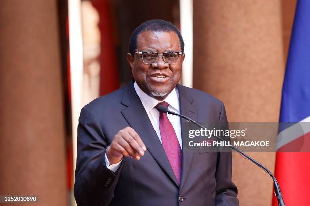 Namibian President Hage Geingob is seen during a joint press conference with South African President Cyril Ramaphosa during his state visit to South...