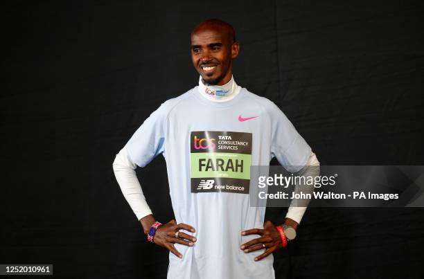 Sir Mo Farah, CBE poses for photographers during a press conference in London ahead of the TCS London Marathon 2023 on Sunday. Picture date: Thursday...