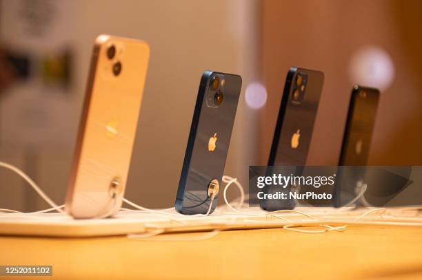 Apple iPhones kept at display at the new Apple Inc. Store in New Delhi, India on April 20, 2023. Apple Inc. Chief Executive Officer Tim Cook launched...