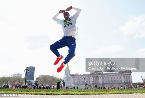 Sir Mo Farah, CBE poses for photographers in the Buckingham Palace Memorial Gardens ahead of the TCS London Marathon 2023 on Sunday. Picture date:...