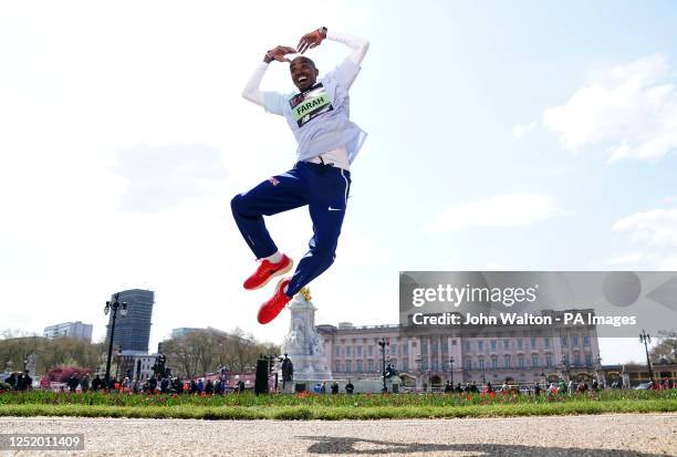 Sir Mo Farah, CBE poses for photographers in the Buckingham Palace Memorial Gardens ahead of the TCS London Marathon 2023 on Sunday. Picture date:...