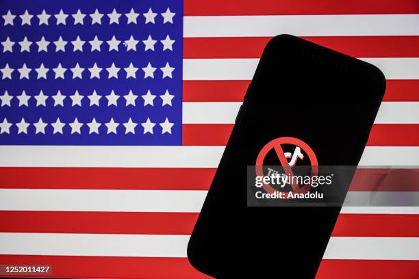 In this photo illustration, logo of Tiktok is displayed on mobile phone screen in front of flag of United States, in Ankara, Turkiye on April 20,...