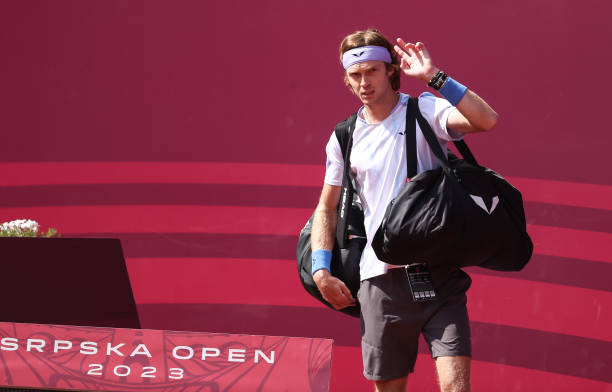 Andrey Rublev enter the court prior to his match against Juan Pablo Varillas of Peru at the ATP 250 Srpska Open 2023 at National Tennis Center on...