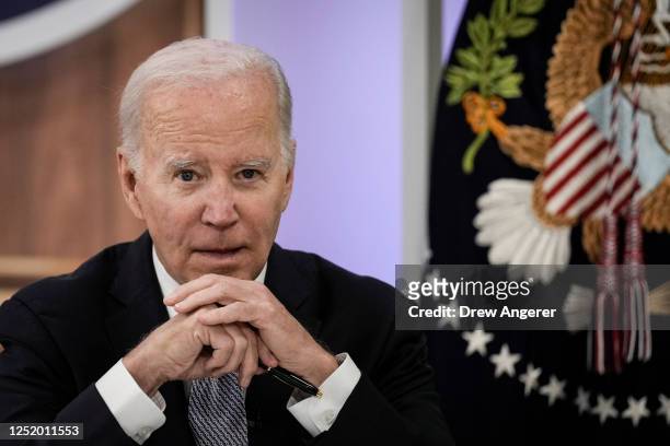 President Joe Biden participates in a virtual meeting of the Major Economies Forum on Energy and Climate in the South Court Auditorium on the White...