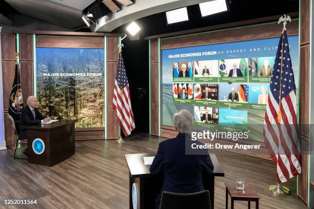 President Joe Biden and Special Presidential Envoy for Climate John Kerry participate in a virtual meeting of the Major Economies Forum on Energy and...