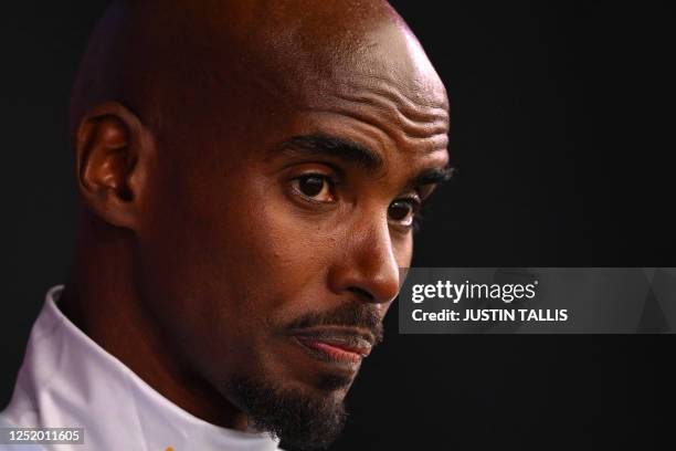 Britain's Mo Farah attends a press conference in London on April 20, 2023 ahead of the London marathon.