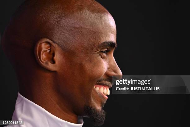 Britain's Mo Farah attends a press conference in London on April 20, 2023 ahead of the London marathon.