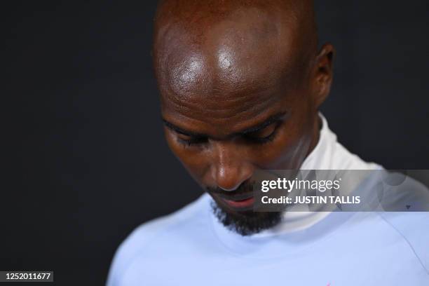 Britain's Mo Farah attends a press conference in London on April 20, 2023 ahead of the London marathon.