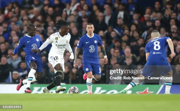 Real Madrid's Eduardo Camavinga and Chelsea's Ngolo Kante during the UEFA Champions League quarterfinal second leg match between Chelsea FC and Real...