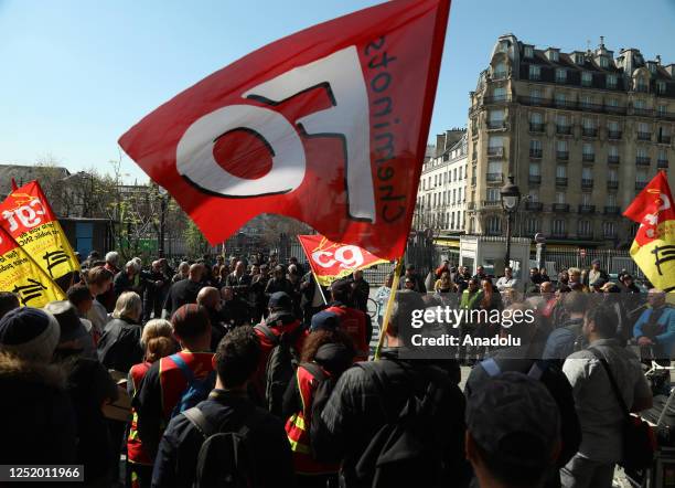 Protesters demonstrate inside the Gare de l'Est train station over the pension reform in Paris, France on April 20, 2023. The mobilization continues...