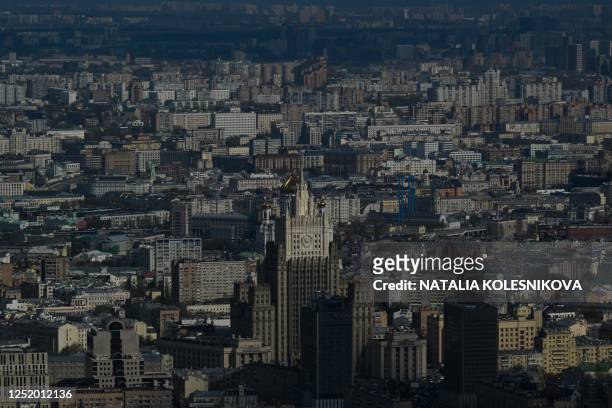 Cityscape view is seen from the 327-meter-high PANORAMA360 observation deck in the Federation Tower East skyscraper of the Moscow International...
