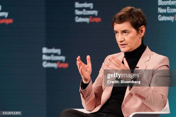 Ana Brnabic, Serbia's prime minister, speaks on day two of the Bloomberg New Economy Gateway Europe conference near Dublin, Ireland, on Thursday,...