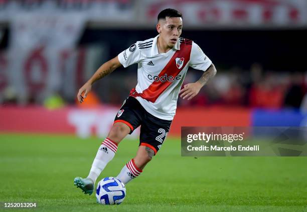 Esequiel Barco of River Plate drives the ball during the Copa CONMEBOL Libertadores 2023 group D match between River Plate and Sporting Cristal at...