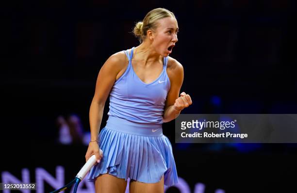 Anastasia Potapova in action against Coco Gauff of the United States during the second round of the Porsche Tennis Grand Prix Stuttgart 2023 at...