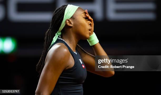 Coco Gauff of the United States in action against Anastasia Potapova during the second round of the Porsche Tennis Grand Prix Stuttgart 2023 at...