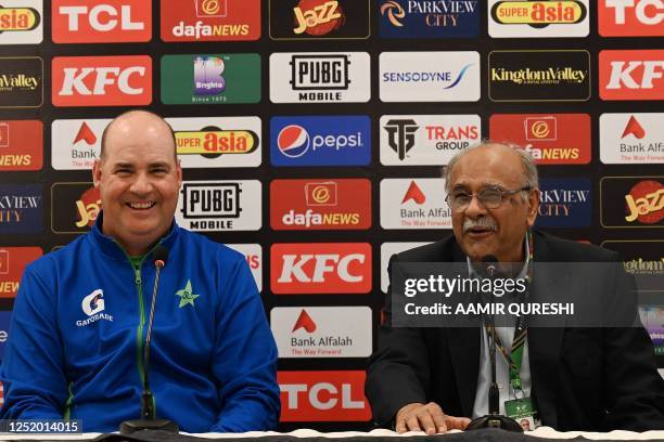 Pakistan's former head coach Mickey Arthur and Pakistan Cricket Board's management committee chairman Najam Sethi attend a press conference at the...