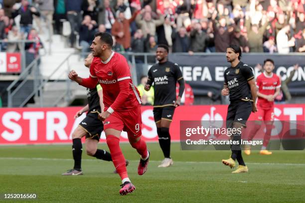 Vangelis Pavlidis of AZ Alkmaar celebrates 1-0 during the Conference League match between AZ Alkmaar v Anderlecht at the AFAS Stadium on April 20,...