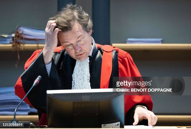 Chairman of the court Adrien van der Linden d'Hooghvorst pictured during the jury constitution session at the assizes trial of De Leenheer for the...