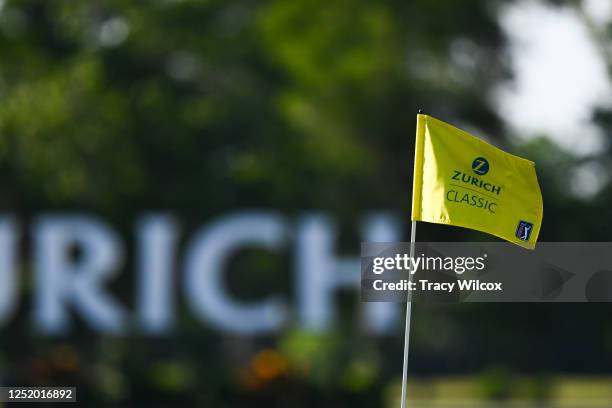 Pin flag at the 18th green during the first round of the Zurich Classic of New Orleans at TPC Louisiana on April 20, 2023 in Avondale, Louisiana.