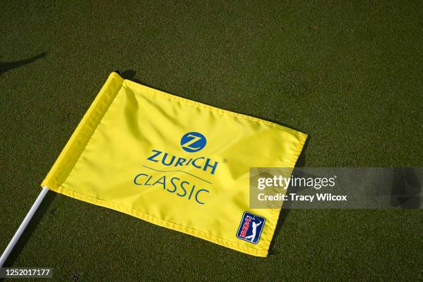 Pin flag at the 18th green during the first round of the Zurich Classic of New Orleans at TPC Louisiana on April 20, 2023 in Avondale, Louisiana.
