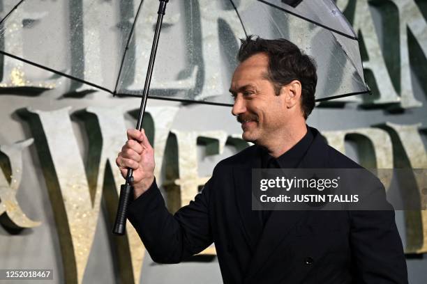 British actor Jude Law poses on the red carpet upon arrival for the World Premiere of 'Peter Pan & Wendy' in London, on April 20, 2023.