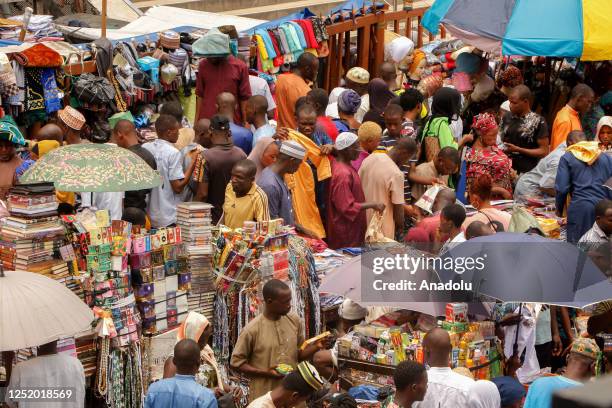 View from the city bazaar as people arrive to do shopping for upcoming Eid Al-Fitr holiday, on April 20, 2023 in Lagos, Nigeria.