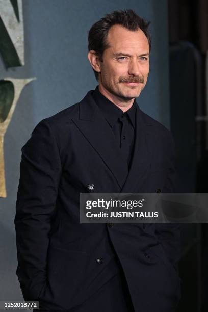 British actor Jude Law poses on the red carpet upon arrival for the World Premiere of 'Peter Pan & Wendy' in London, on April 20, 2023.