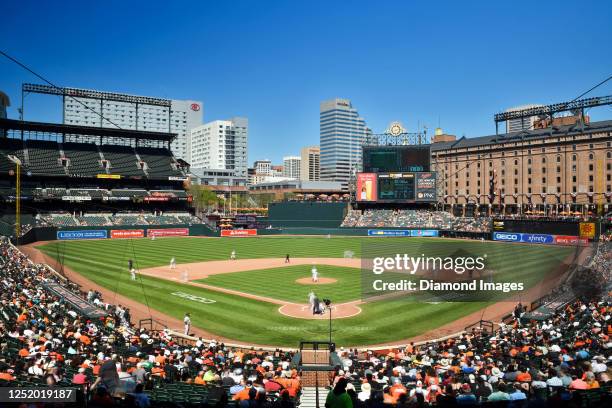 General view of the stadium during the fourth inning between the Oakland Athletics and the Baltimore Orioles at Oriole Park at Camden Yards on April...