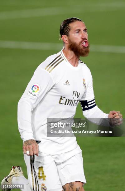 Sergio Ramos of Real Madrid celebrates scoring his sides second goal during the Liga match between Real Madrid CF and RCD Mallorca at Estadio Alfredo...