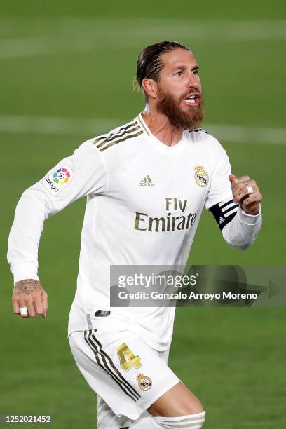 Sergio Ramos of Real Madrid celebrates scoring his sides second goal during the Liga match between Real Madrid CF and RCD Mallorca at Estadio Alfredo...