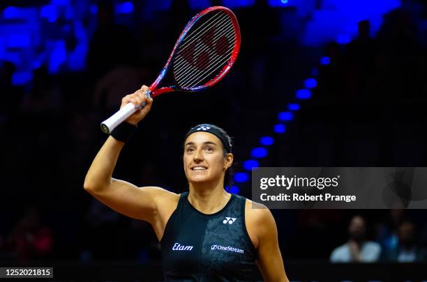 Caroline Garcia of France celebrates defeating Tatjana Maria of Germany in the second round of the Porsche Tennis Grand Prix Stuttgart 2023 at...