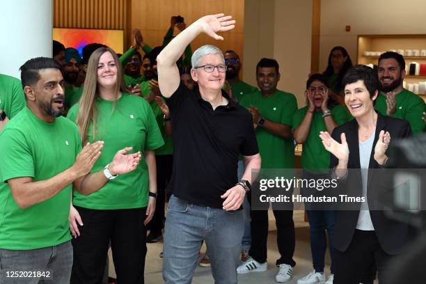 Apple CEO Tim Cook greets the customers at the opening of India's second Apple retail store at Select City Walk , at Saket, on April 20, 2023 in New...
