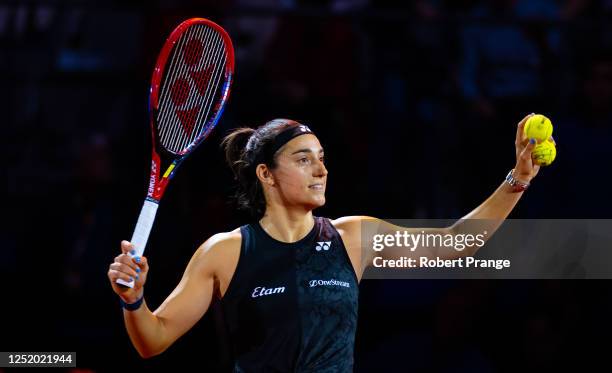 Caroline Garcia of France celebrates defeating Tatjana Maria of Germany in the second round of the Porsche Tennis Grand Prix Stuttgart 2023 at...