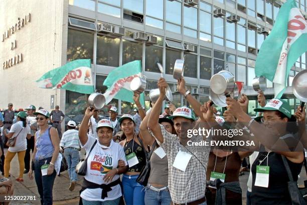 Group of farmers and members of the National Confederation of the Agricultural Workers hit pots and pans in celebration of "Shout by the Earth" day,...