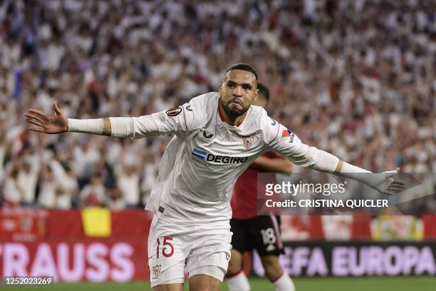 Sevilla's Moroccan forward Youssef En-Nesyri celebrates after scoring his team's first goal during the UEFA Europa league quarter final second Leg...