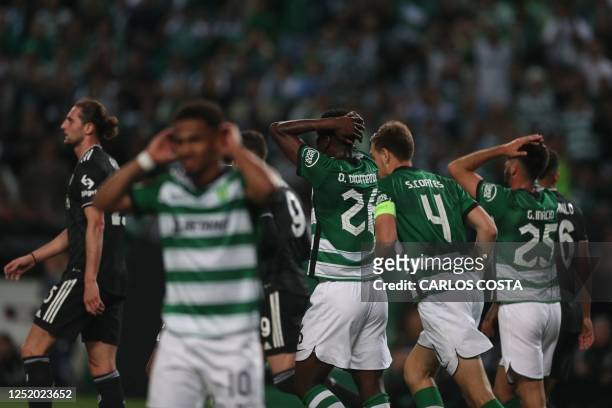 Sporting Lisbon's Ivorian defender Ousmane Diomande reacts during the UEFA Europa league quarter final second leg football match between Sporting CP...