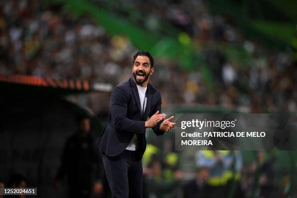 Sporting Lisbon's Portuguese coach Ruben Amorim gestures on the sidelines during the UEFA Europa league quarter final second leg football match...