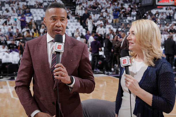 Commentators, Mark Jones and Doris Burke, report prior to the game between the Golden State Warriors and Sacramento Kings during Round 1 Game 1 of...