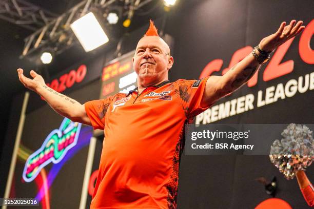 Peter Wright of England looks on during the 2023 Cazoo Premier League - Rotterdam at Rotterdam Ahoy on April 20, 2023 in Rotterdam, Netherlands