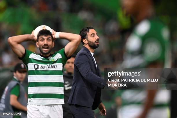 Sporting Lisbon's Portuguese coach Ruben Amorim gestures on the sidelines during the UEFA Europa league quarter final second leg football match...