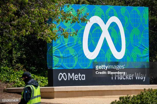 Signage outside Meta headquarters in Menlo Park, California, US, on Thursday, April 20, 2023. Meta Platforms Inc. Is set to start cutting jobs across...