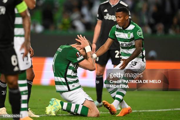Sporting Lisbon's Uruguayan defender Sebastian Coates reacts during the UEFA Europa league quarter final second leg football match between Sporting...