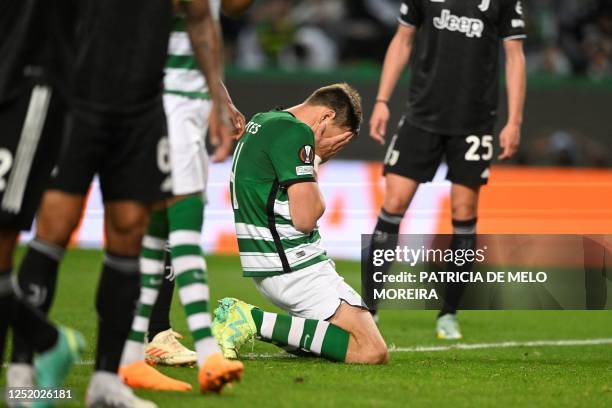 Sporting Lisbon's Uruguayan defender Sebastian Coates reacts during the UEFA Europa league quarter final second leg football match between Sporting...