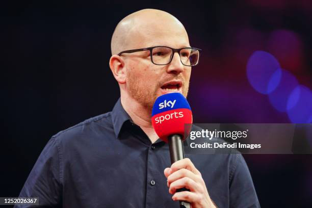 Mark Webster during the 2023 Cazoo Premier League Darts Night 12 match between Chris Dobey of England and Jonny Clayton of Wales on April 20, 2023 in...