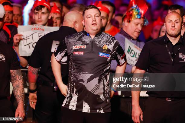 Chris Dobey of England preparing during the 2023 Cazoo Premier League Darts Night 12 match between Chris Dobey of England and Jonny Clayton of Wales...