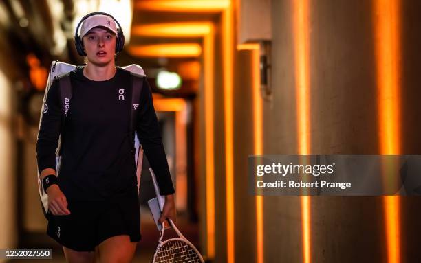 Iga Swiatek of Poland before playing against Qinwen Zheng of China in the second round of the Porsche Tennis Grand Prix Stuttgart 2023 at Porsche...