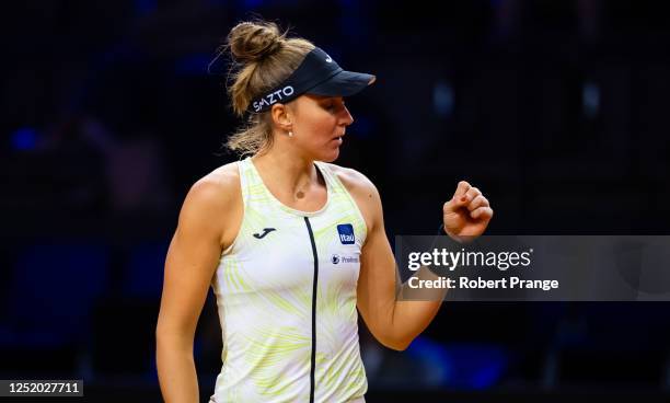 Beatriz Haddad Maia of Brazil in action against Elena Rybakina of Kazakhstan in the second round of the Porsche Tennis Grand Prix Stuttgart 2023 at...